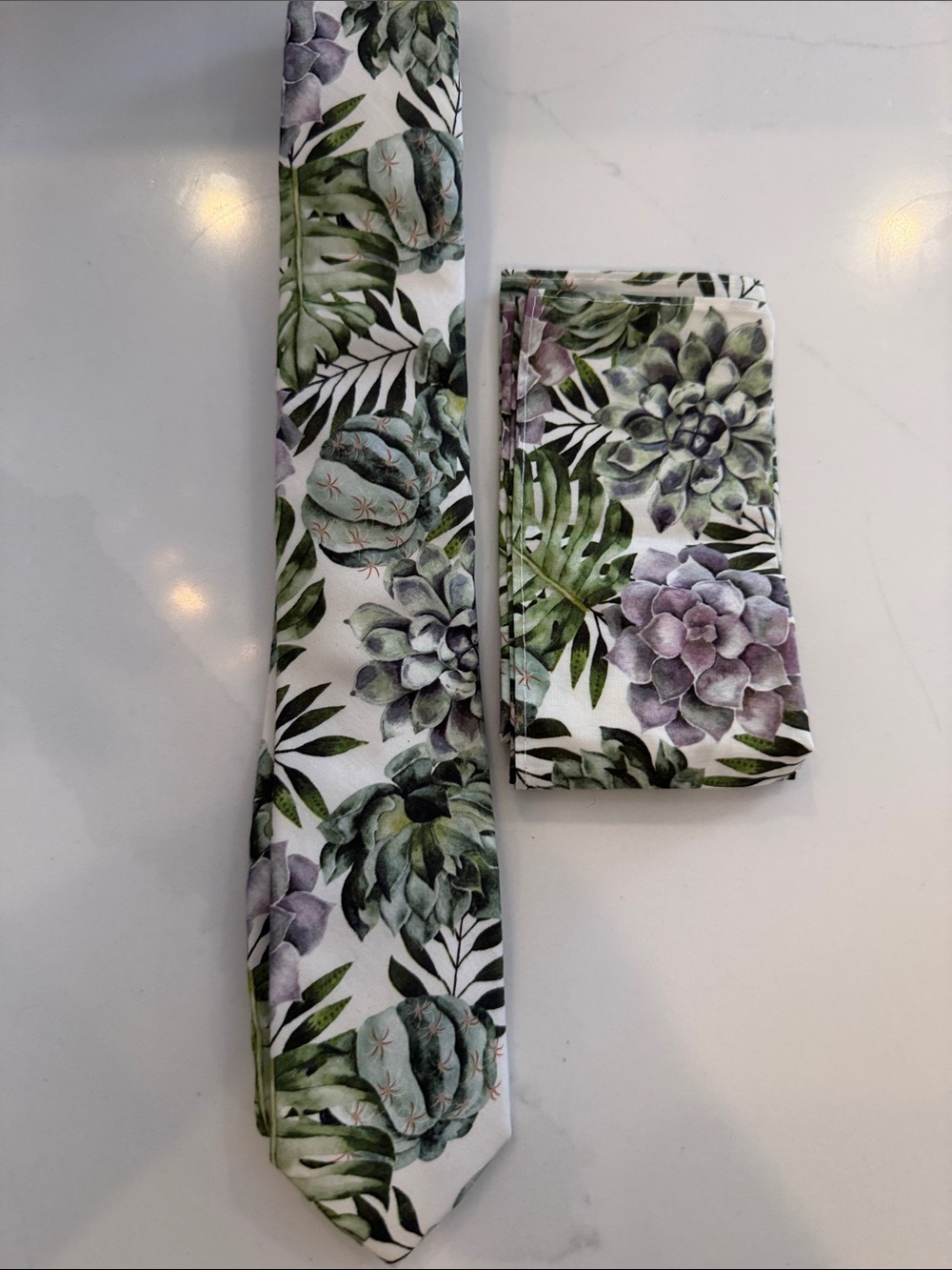 Floral Succulent Necktie and Pocket Square Set - Green & Purple